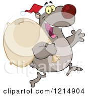 Poster, Art Print Of Christmas Bear Santa Running With A Sack 2