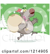 Cartoon Of A Gray Christmas Bear Santa Running With A Sack In The Snow Royalty Free Vector Clipart