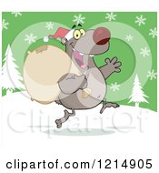 Poster, Art Print Of Gray Christmas Bear Santa Running With A Sack In The Snow