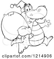 Cartoon Of An Outlined Christmas Santa Crocodile Running With A Sack Royalty Free Vector Clipart