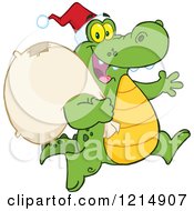 Cartoon Of A Christmas Santa Crocodile Running With A Sack Royalty Free Vector Clipart by Hit Toon