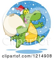Cartoon Of A Christmas Santa Crocodile Running With A Sack In The Snow Royalty Free Vector Clipart by Hit Toon