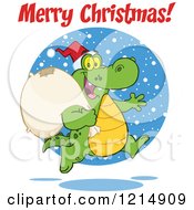 Cartoon Of A Merry Christmas Greeting Over A Santa Crocodile Running With A Sack Royalty Free Vector Clipart by Hit Toon
