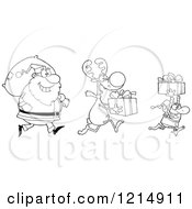 Poster, Art Print Of Outlined Christmas Elf Reindeer And Santa With Gifts And A Sack