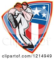 Clipart Of A Baseball Player Athlete Pitching Over A Patriotic Shield Royalty Free Vector Illustration