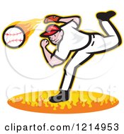 Poster, Art Print Of Baseball Player Athlete Pitching A Fast Ball Over Flames