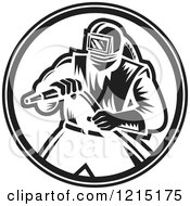 Clipart Of A Retro Black And White Sand Blaster Man Holding A Hose 2 Royalty Free Vector Illustration