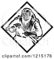 Clipart Of A Retro Black And White Sand Blaster Man Holding A Hose 3 Royalty Free Vector Illustration