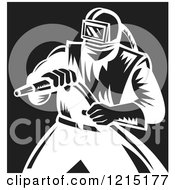 Clipart Of A Retro Black And White Sand Blaster Man Holding A Hose 4 Royalty Free Vector Illustration