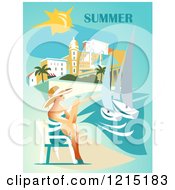 Lady Holding Wine And Sitting On A Beach Under Summer Text