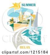 Beach Scene With Sailboats Buildings And Summer Relax Text