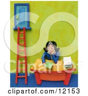 3d Businesswoman Sitting At Her Desk By A Corporate Ladder
