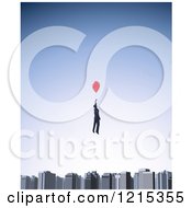 Poster, Art Print Of 3d Businessman Floating With A Balloon Over A City Skyline