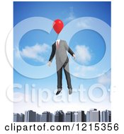 Poster, Art Print Of 3d Businessman Floating With A Balloon Head Over A City