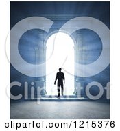 Clipart Of A 3d Bright Light Silhouetting A Man Through An Archway Portal Royalty Free Illustration by Mopic