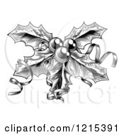 Clipart Of A Black And White Sprig Of Christmas Holly With Ribbons Royalty Free Vector Illustration by AtStockIllustration