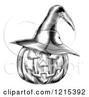 Clipart Of A Black And White Halloween Woodcut Jackolantern Pumpkin Wearing A Witch Hat 2 Royalty Free Vector Illustration
