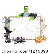 Poster, Art Print Of Happy Witch Skeleton And Frankenstein Pointing To A White Board Sign Over Pumpkins And Black Cats