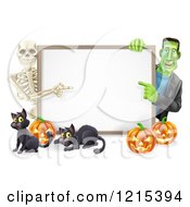 Poster, Art Print Of Happy Skeleton And Frankenstein Pointing To A White Board Sign Over Pumpkins And Black Cats