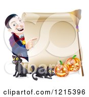 Poster, Art Print Of Happy Halloween Vampire Pointing To A Scroll Sign With Black Cats Pumpkins And A Broomstick