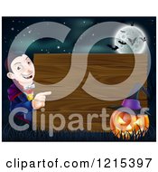 Clipart Of A Happy Halloween Vampire Pointing To A Wooden Sign With A Jackolantern Under A Full Moon With Bats Royalty Free Vector Illustration by AtStockIllustration