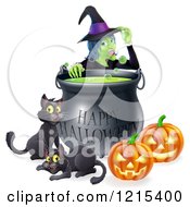 Poster, Art Print Of Witch Behind A Boiling Happy Halloween Cauldron With Black Cats And Jackolanterns