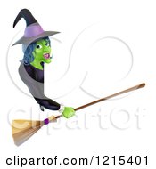 Poster, Art Print Of Green Halloween Witch Holding A Broom And Pointing To A Sign Board