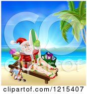 Santa Waving And Holding A Cocktail While Lounging On A Beach With Vacation Items 2