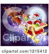 Clipart Of Reindeer And Santa In His Magic Sleigh Against A Full Moon With Snowflakes Royalty Free Vector Illustration