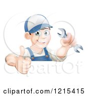Clipart Of A Happy Brunette Mechanic Man Wearing A Hat Holding A Wrench And A Thumb Up Royalty Free Vector Illustration