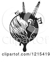 Clipart Of A Woodcut Dripping Oil Earth In Black And White Royalty Free Vector Illustration