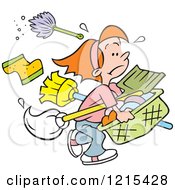 Poster, Art Print Of Cartoon Girl Carrying Cleaning Supplies And Laundry For Never Ending Chores