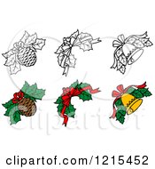 Poster, Art Print Of Black And White And Colored Christmas Holly With Pine Cones Bells And Bows