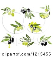 Poster, Art Print Of Black And Green Olives With Leaves And Oil Drops