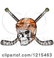 Clipart Of A Grinning Skull With An Orange Hockey Helmet Over Crossed Sticks Royalty Free Vector Illustration