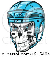 Clipart Of A Grinning Skull With A Blue Hockey Helmet Royalty Free Vector Illustration