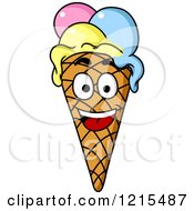Poster, Art Print Of Happy Triple Scoop Waffle Ice Cream Cone Character