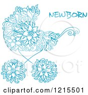 Poster, Art Print Of Blue Floral Doodle Baby Carriage And Newborn Text