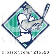 Clipart Of A Baseball Player Swinging Over A Striped Diamond Royalty Free Vector Illustration