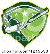Poster, Art Print Of Batsman Cricket Player Swinging In A Green Shield With Stars And Sunshine