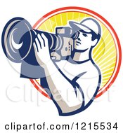 Poster, Art Print Of Retro Cameraman Filming Over A Circle Of Sunshine