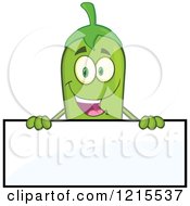 Clipart Of A Happy Green Chili Pepper Character Over A Sign Royalty Free Vector Illustration
