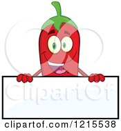 Clipart Of A Red Hot Chili Pepper Character Over A Sign Royalty Free Vector Illustration
