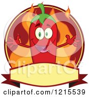 Clipart Of A Happy Red Chili Pepper Character And Flames On A Label Royalty Free Vector Illustration