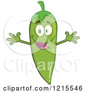 Clipart Of A Happy Green Chili Pepper Character With Open Arms Royalty Free Vector Illustration