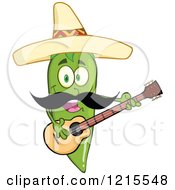 Poster, Art Print Of Green Chili Pepper Character Guitarist With A Mustache Wearing A Mexican Sombrero Hat