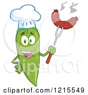 Poster, Art Print Of Happy Green Chili Pepper Chef Character With A Sausage On Tongs