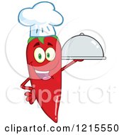 Clipart Of A Red Hot Chili Pepper Character Chef Holding A Platter Royalty Free Vector Illustration
