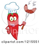 Poster, Art Print Of Red Hot Chili Pepper Character Chef Holding Up A Sausage