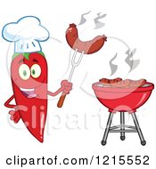 Poster, Art Print Of Red Hot Chili Pepper Character Chef Holding Up A Sausage By A Bbq